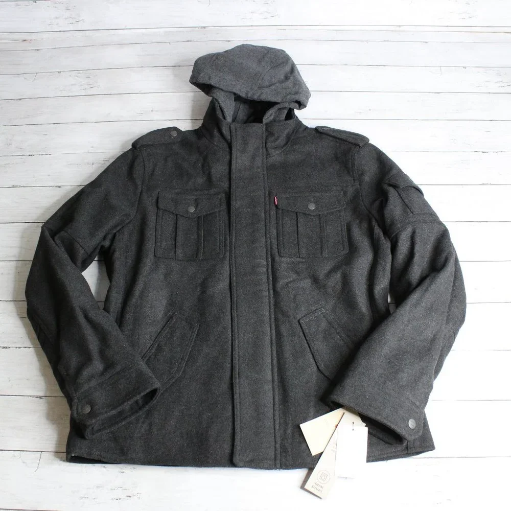 Levi's Men's Wool Military Jacket Size M Charcoal Gray Hooded Quilted